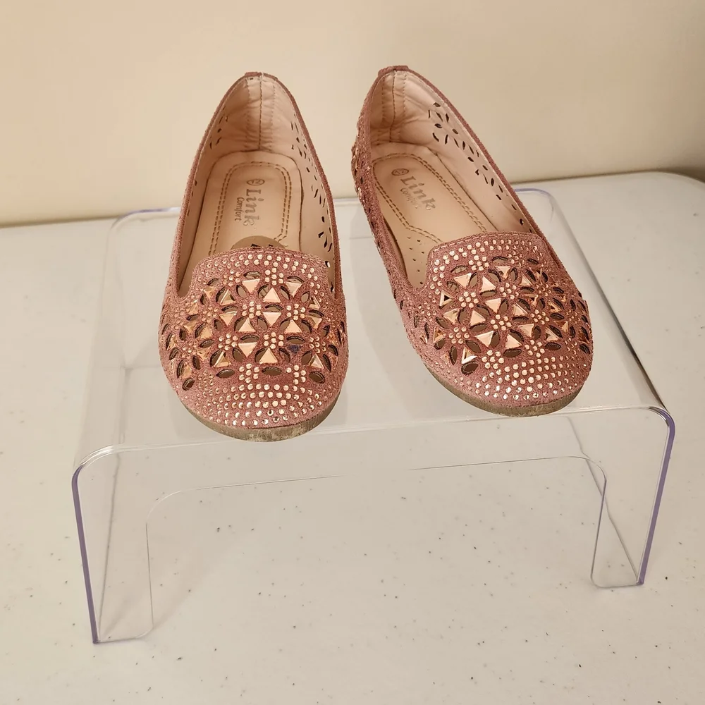 Girls Pink Rhinestone Cutout Flats | Size 12 Link Comfort Slip-On Sparkle Shoes